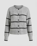 Women's Chunky Knit Button Cardigan with Striped Texture and Round Neckline Fashion Glam