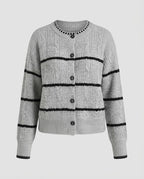 Women's Chunky Knit Button Cardigan with Striped Texture and Round Neckline Fashion Glam