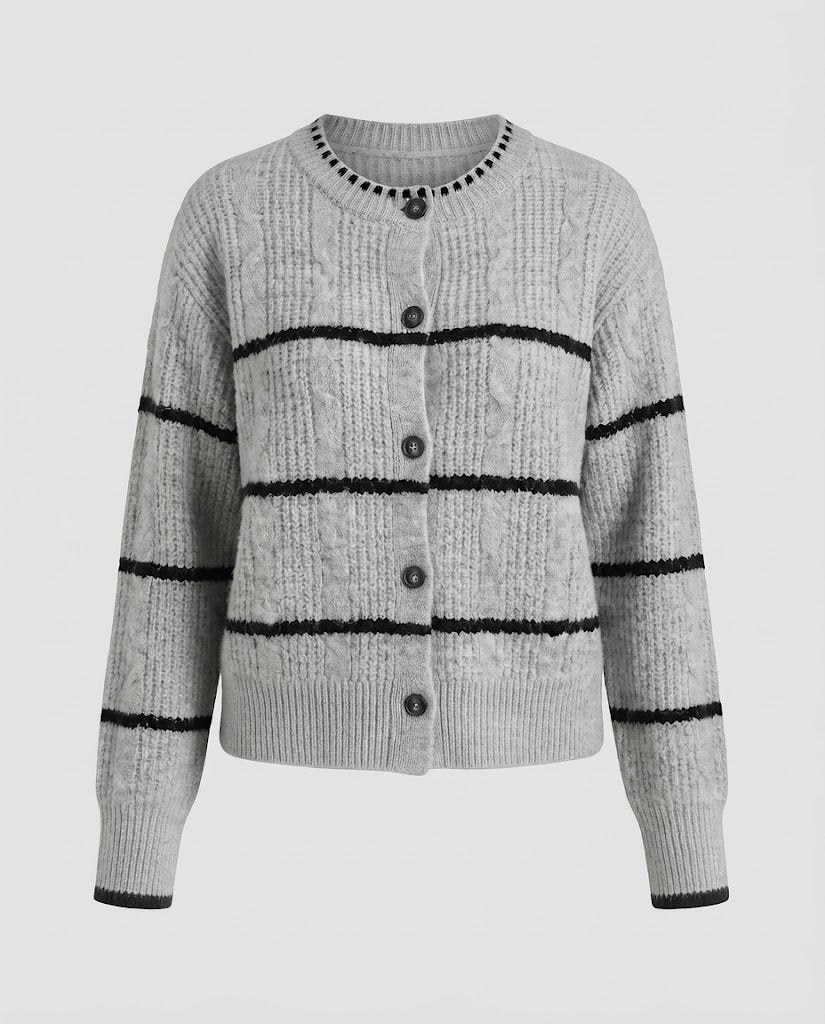 Women's Chunky Knit Button Cardigan with Striped Texture and Round Neckline Fashion Glam