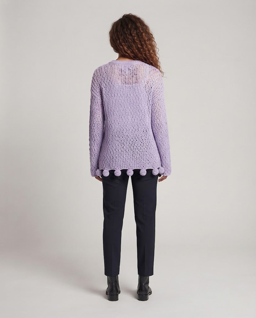 Women Loose Openwork Knit Sweater with Pom Pom Trim Fashion Glam