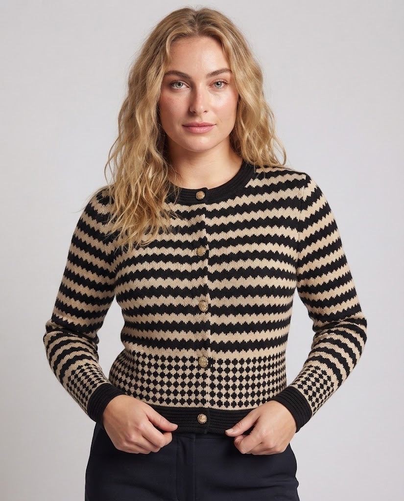 Women's Short-Cut Fine Knit Cardigan with Graphic Intarsia Pattern and Decorative Buttons Fashion Glam