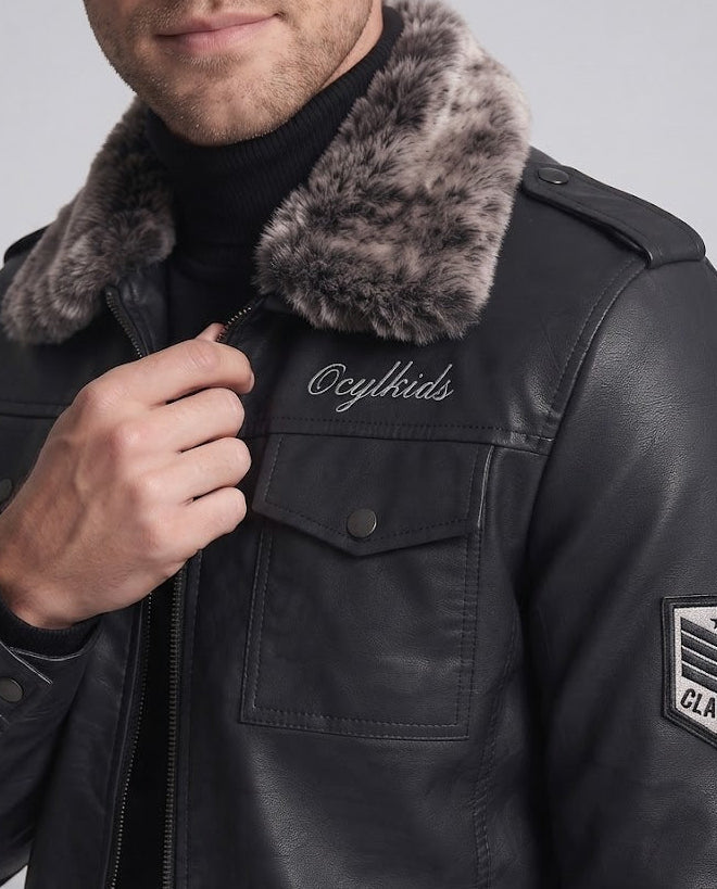 Men's Fashion Faux Leather Jacket with Teddy Fur Collar Fashion Glam