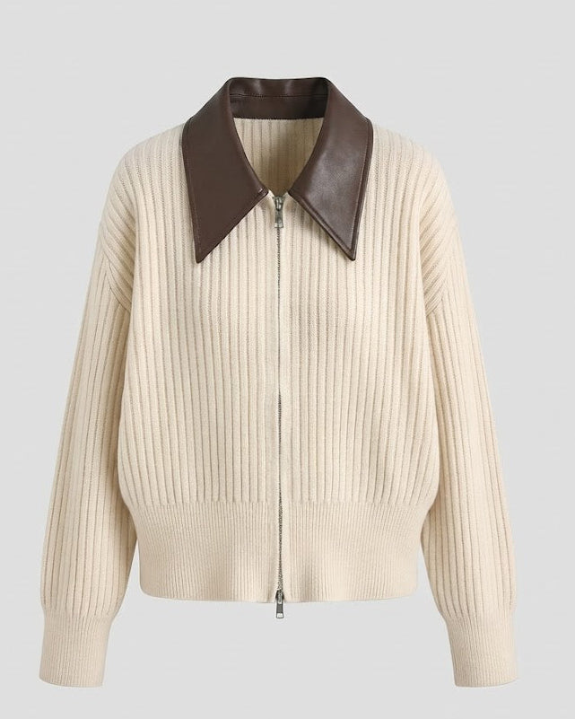 Women Ribbed Cardigan with Zipper and Contrasting Leather Collar Fashion Glam