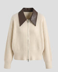 Women Ribbed Cardigan with Zipper and Contrasting Leather Collar Fashion Glam
