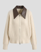 Women Ribbed Cardigan with Zipper and Contrasting Leather Collar Fashion Glam