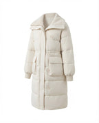 Women's long padded coat with Sherpa shawl collar, waist drawstring, and large flap pockets