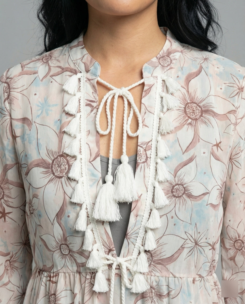 Women's beach dress with high collar and romantic floral pattern