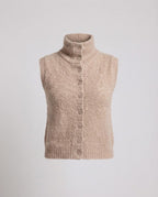 Women's Short-Cut Boucle Knit Vest with Stand-Up Collar and Full Button Placket Fashion Glam