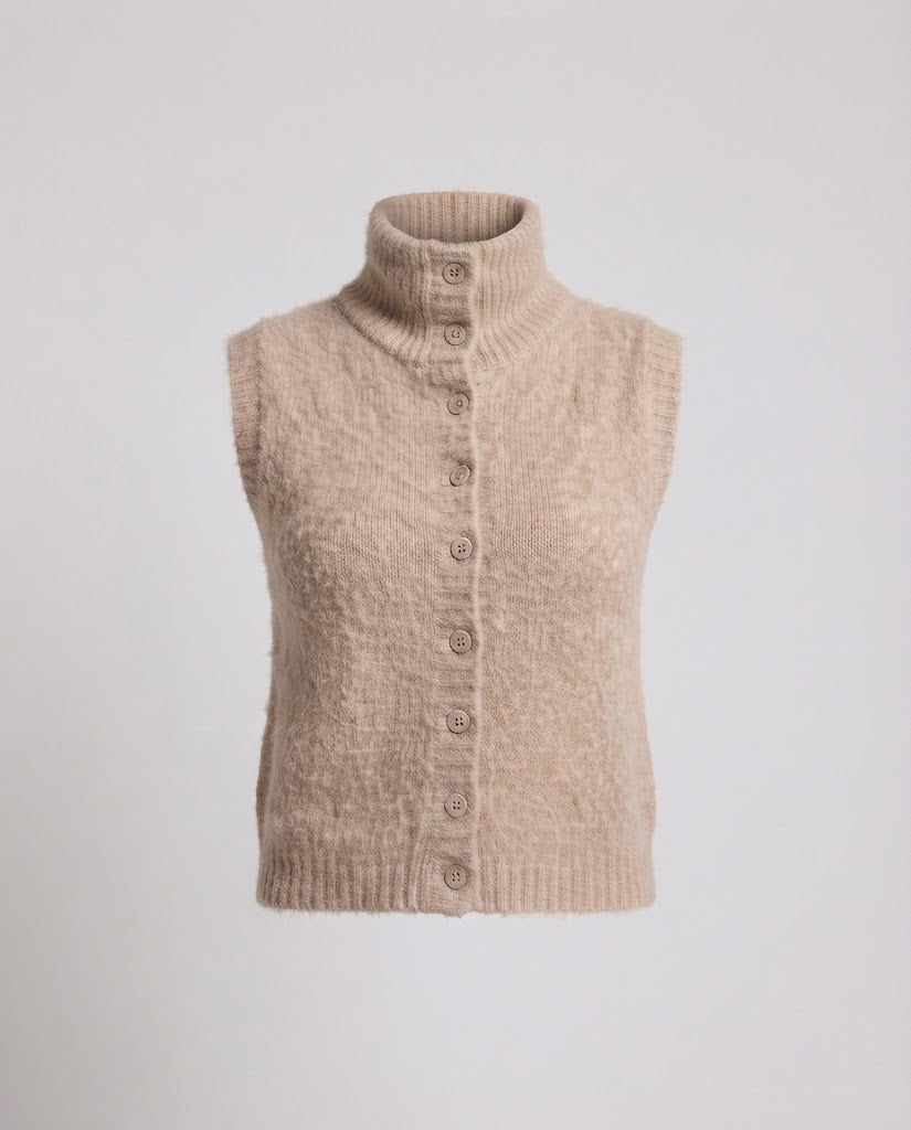 Women's Short-Cut Boucle Knit Vest with Stand-Up Collar and Full Button Placket Fashion Glam