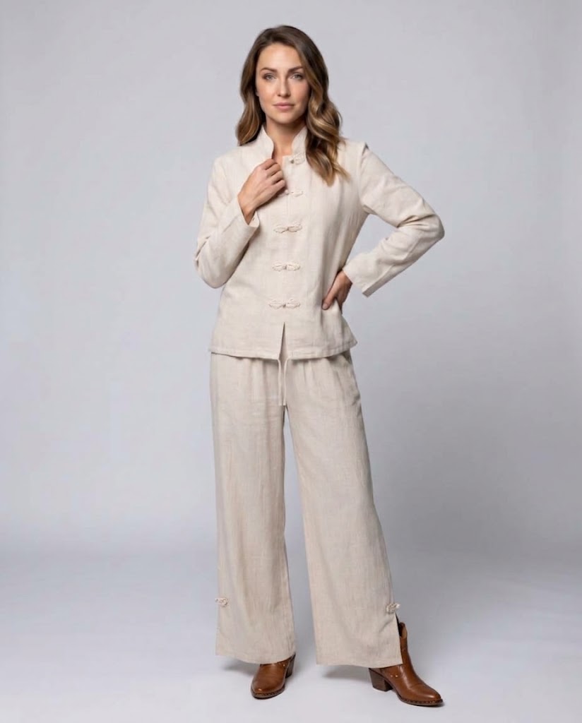 Women's Two-Piece Linen-Look Loungewear Set with Stand Collar and Toggle Closures Fashion Glam