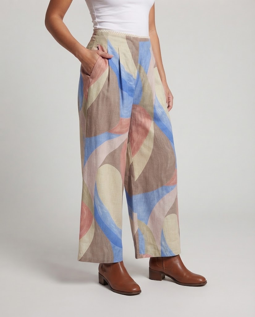 Women's Wide Palazzo Pants with Abstract Allover Print and High Waist