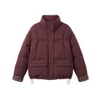 Women's short padded boxy blouson with checked lining, high collar and patch flap pockets