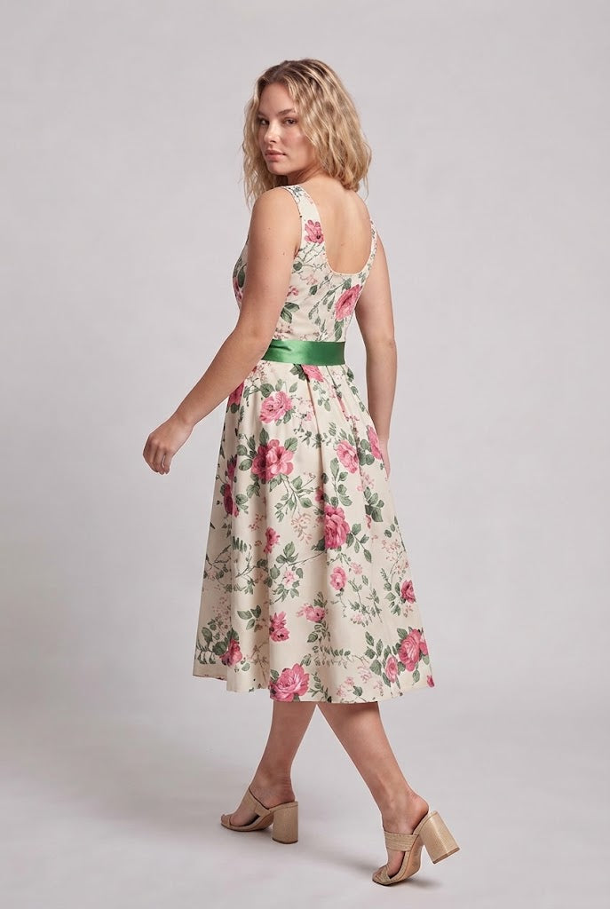 Women Floral Pattern A-Line Dress with Waist Belt Fashion Glam