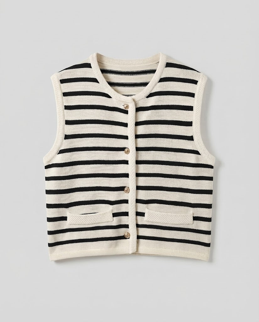 Women Striped Knit Vest with Button Placket and Patch Pockets Fashion Glam