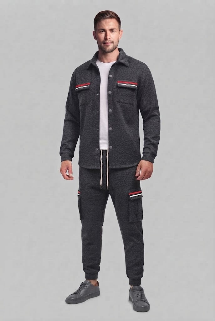 Men's cargo tracksuit with overshirt, drawstring and contrasting flap pockets Fashion Glam
