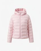 Women nan minimalist short thermo quilted jacket with ergonomic hood, tailored seam design and windproof outer shell