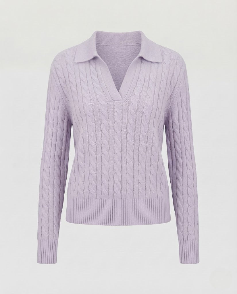 Women's cable knit polo sweater with V-neck and soft fine knit quality Fashion Glam