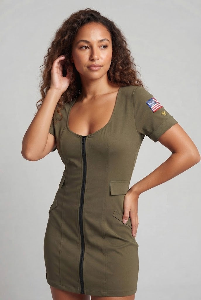 Women Camouflage Dress with Zipper Fashion Glam