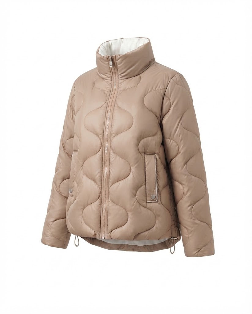 Women's Nano Short Padded Wave Quilt Puffer with Ergonomic Stand-Up Collar and Side Drawstring