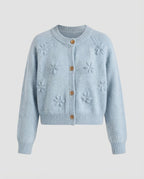 Women's short-cut cardigan with three-dimensional floral patterns, wooden buttons, and ribbed hem Fashion Glam