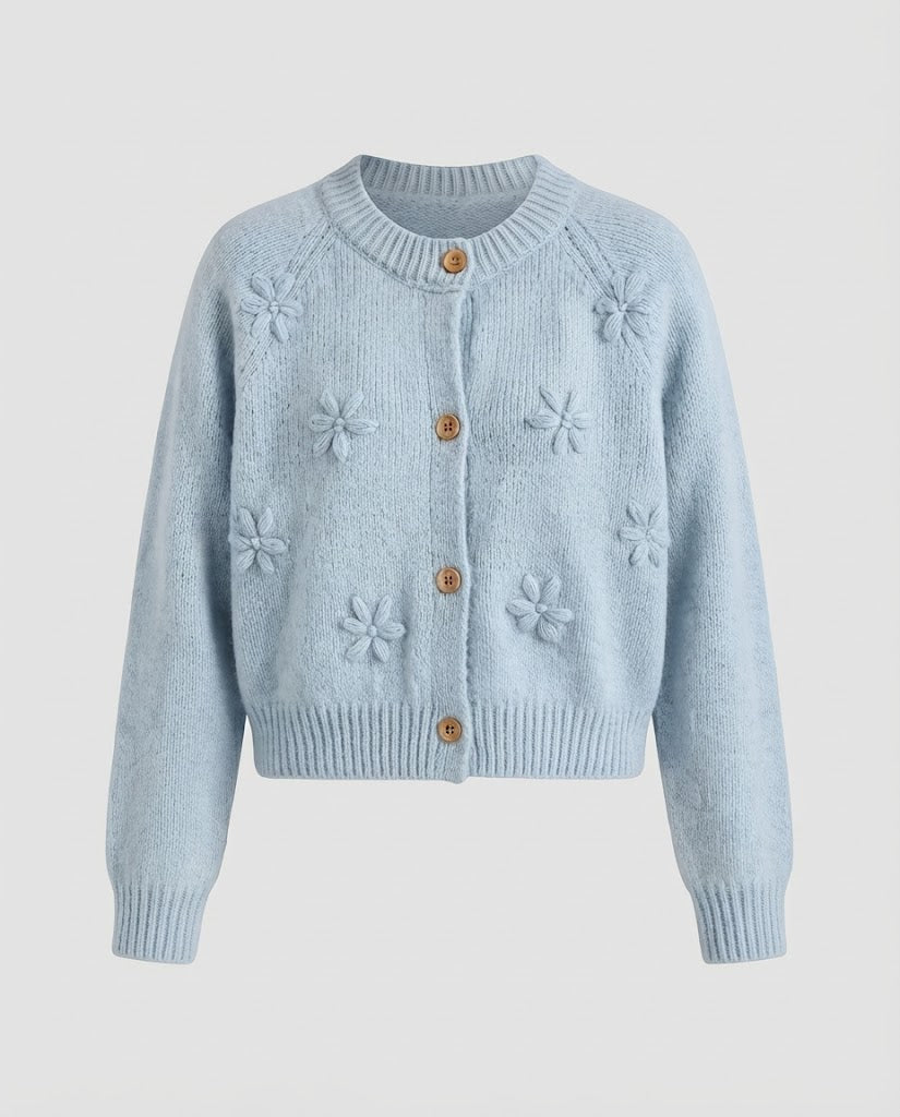 Women's short-cut cardigan with three-dimensional floral patterns, wooden buttons, and ribbed hem Fashion Glam