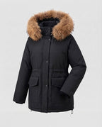 Women Quilted Thermal Parka with Oversized Faux Fur Hood and Utility Pockets Fashion Glam