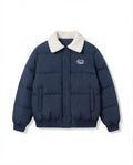 Women's urban boxy puffer with sherpa shawl collar, quilted square design and elastic ribbed cuffs