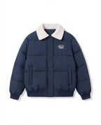 Women's urban boxy puffer with sherpa shawl collar, quilted square design and elastic ribbed cuffs