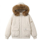 Women's short urban thermal parka with detachable faux fur trim, raglan sleeves, and concealed two-way zipper