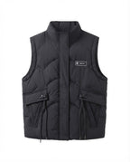 Women's lightweight thermal quilted vest with integrated hooded inner collar, multifunctional outer pockets, and adjustable drawstring.