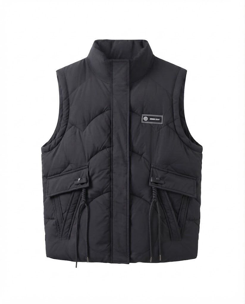 Women's lightweight thermal quilted vest with integrated hooded inner collar, multifunctional outer pockets, and adjustable drawstring.
