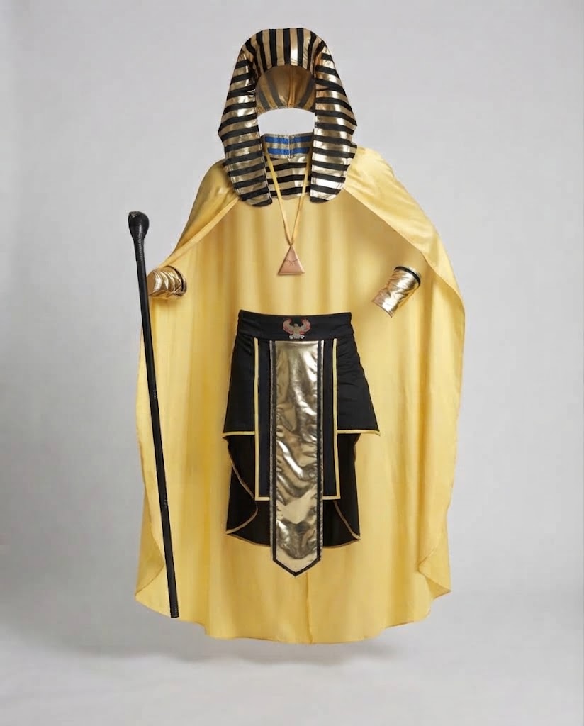 Men's Pharaoh Costume with Golden Accents and Luxurious Cape Fashion Glam