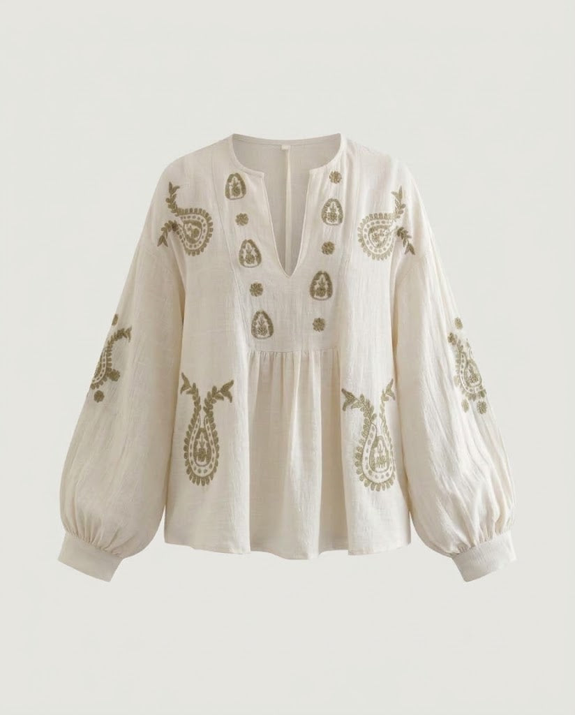 Women's Embroidered Boho Tunic with Balloon Sleeves and V-Neck Fashion Glam