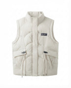 Women's lightweight thermal quilted vest with integrated hooded inner collar, multifunctional outer pockets, and adjustable drawstring.