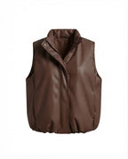 Ladies' oversized padded faux leather vest with high shawl collar and two-way zipper