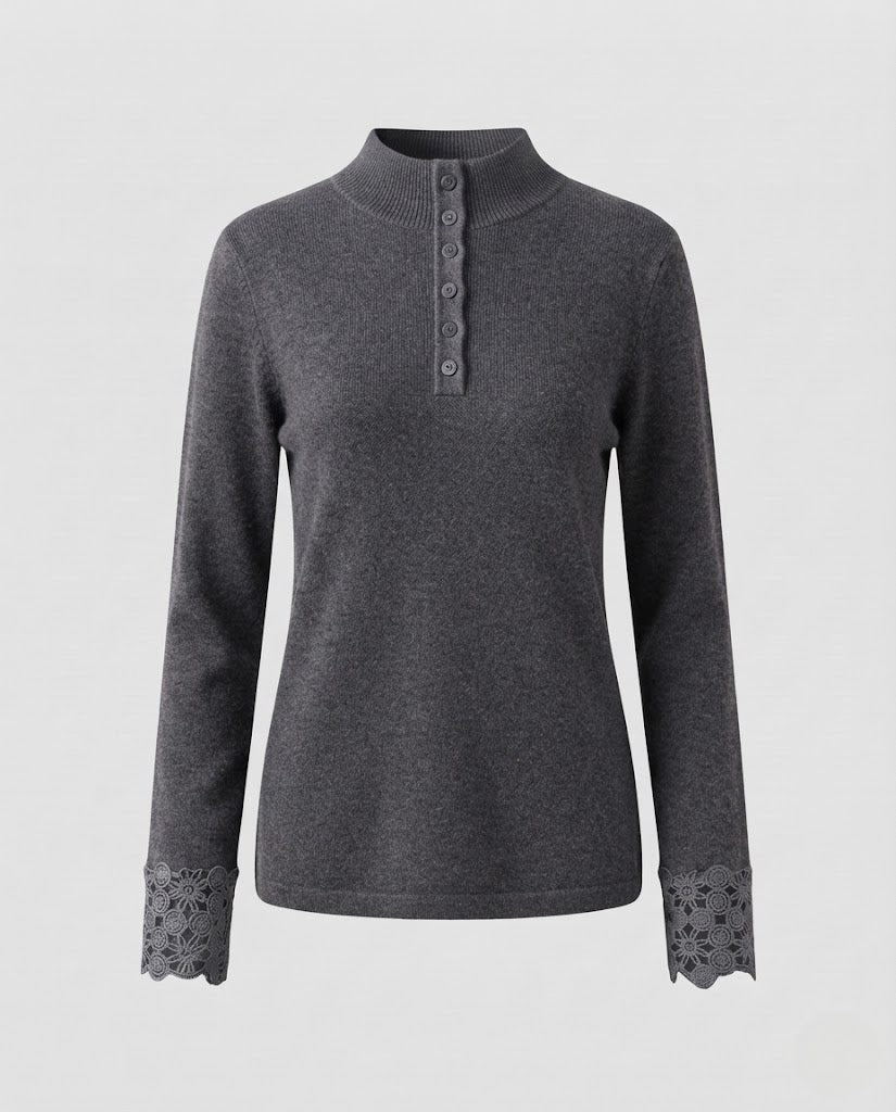 Women Fine Stand Collar Sweater with Decorative Button Placket and Lace Cuffs Fashion Glam