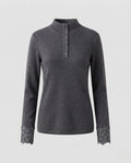 Women Fine Stand Collar Sweater with Decorative Button Placket and Lace Cuffs Fashion Glam
