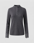 Women Fine Stand Collar Sweater with Decorative Button Placket and Lace Cuffs Fashion Glam