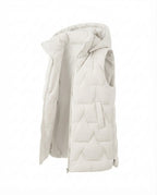 Women's long quilted hooded vest with zigzag stitching, high stand-up collar and side zip pockets