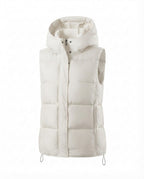 Women’s nano ultra-light insulation vest with voluminous hood, concealed two-way front and adjustable hem