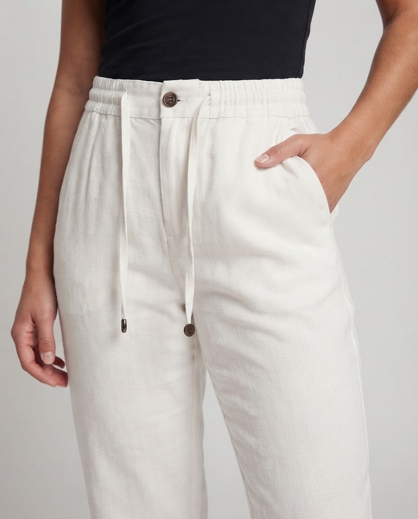 Women Elegant Linen Look Trousers with Elastic Waistband, Drawstring and Crease Fashion Glam