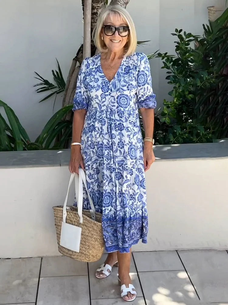 FIORA-LYN – BOHO DEEP V NECK FLORAL DRESS