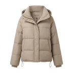 Women's padded oversized quilted jacket with high stand-up collar and adjustable drawstring