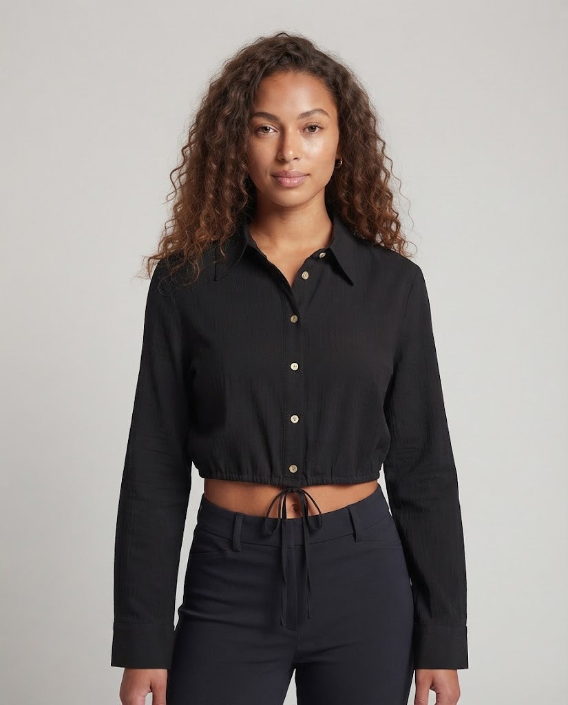 Women's Polka Dot Cropped Blouse with Shirt Collar and Drawstring Fashion Glam