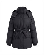 Women's mid-length quilted winter coat with tie belt, high stand-up collar and snap button placket