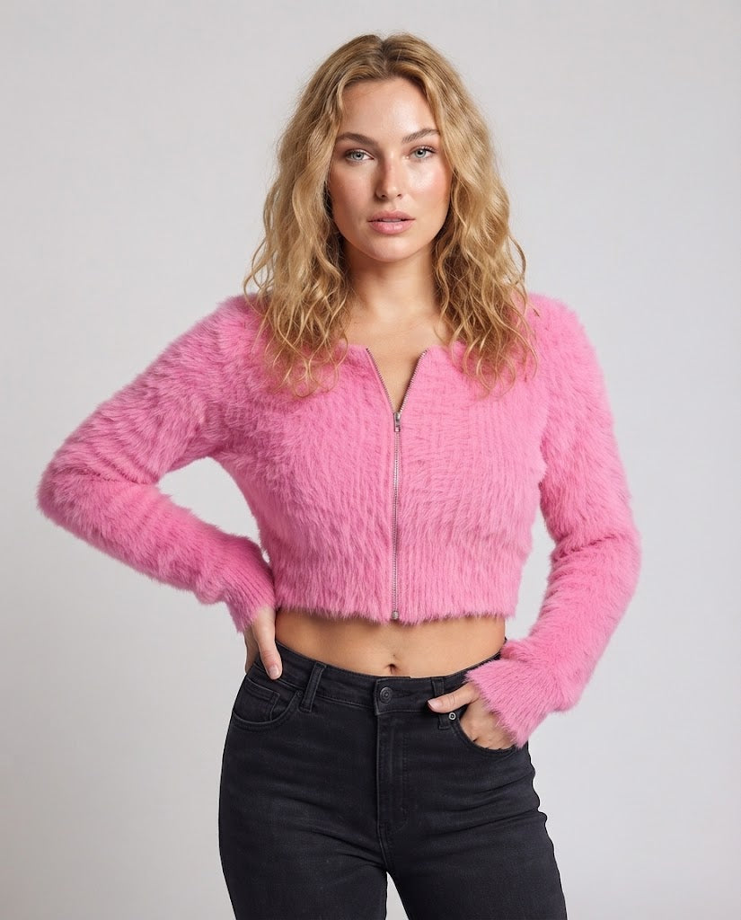 Women short-cut fluffy cardigan with continuous zipper and soft faux-fur lining