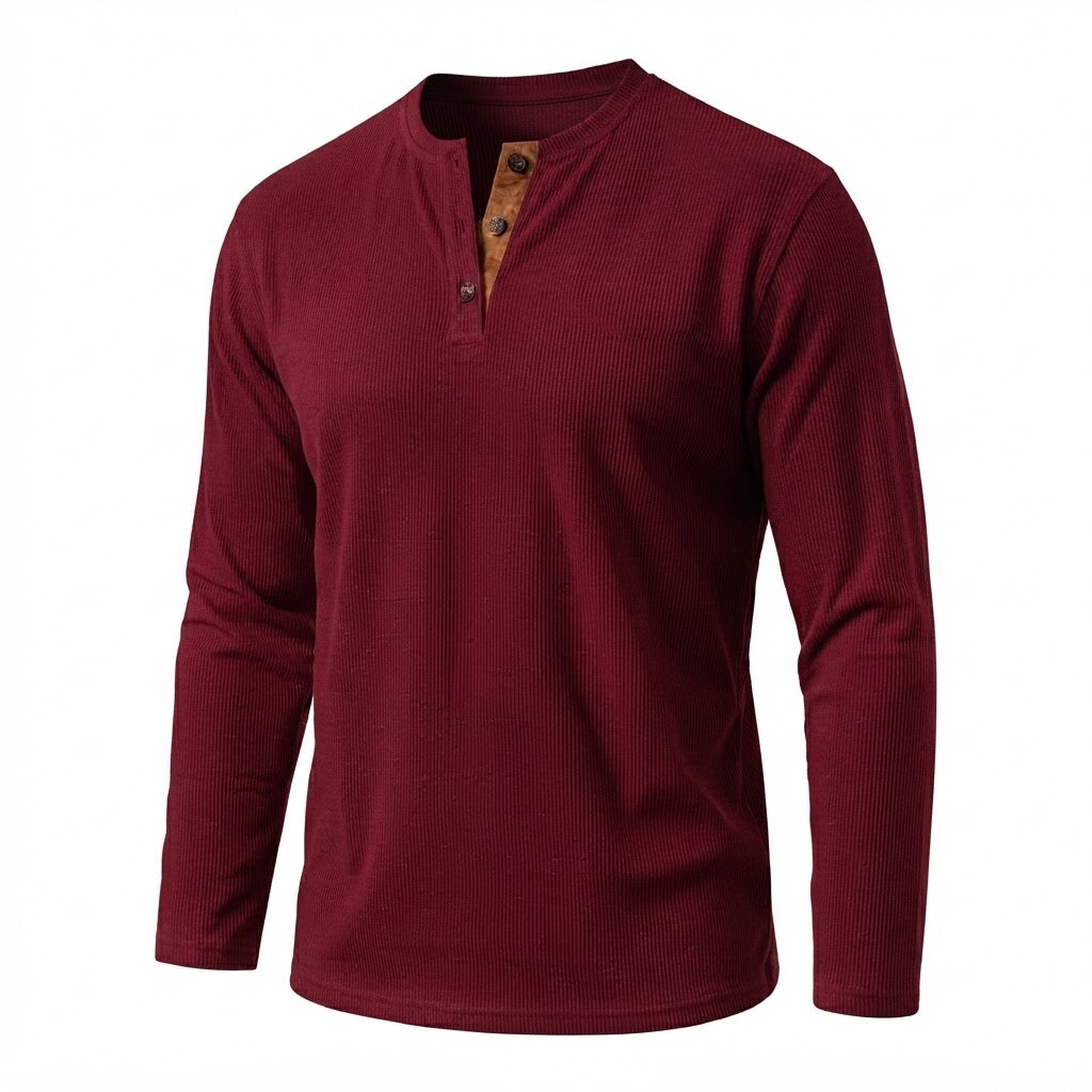 Men's Casual Waffle Henley with Suede Detail at Placket Neck Fashion Glam