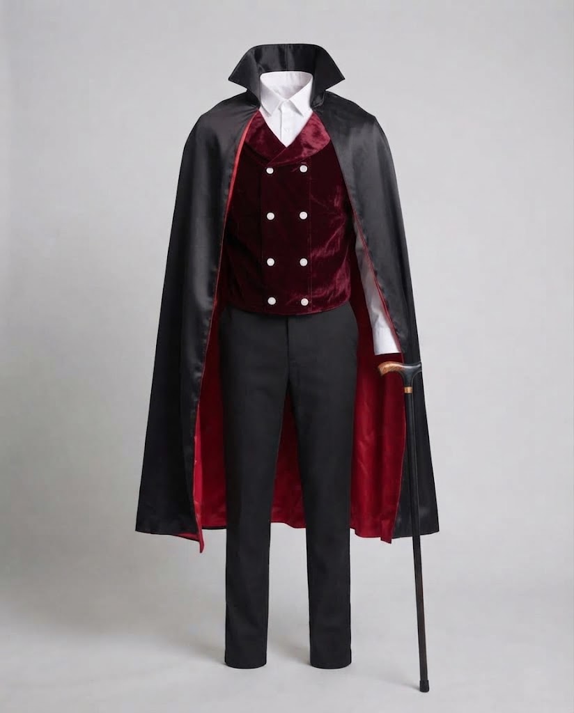 Men's Vampire Costume with Elegant Cape and Embroidered Vest Fashion Glam