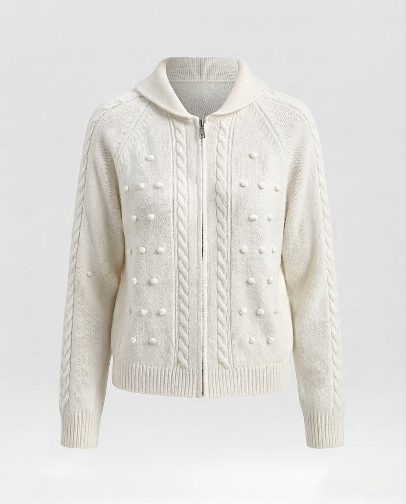 Women's hooded cardigan with cable pattern, bobble texture, and metal zipper Fashion Glam