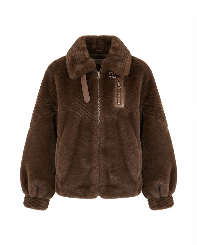 Women's cozy faux fur jacket with stand-up collar, zippered pocket and feminine balloon sleeve silhouette